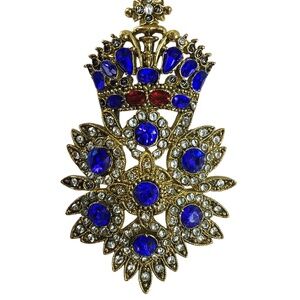 JOAN RIVERS Vintage Royal Monarch Maltese Cross Gold Blue Red Brooch Signed